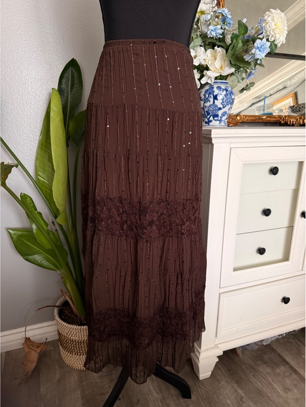 Y2K brown lace sequin maxi skirt - Gypsy, fairy core - Picture 6 of 7